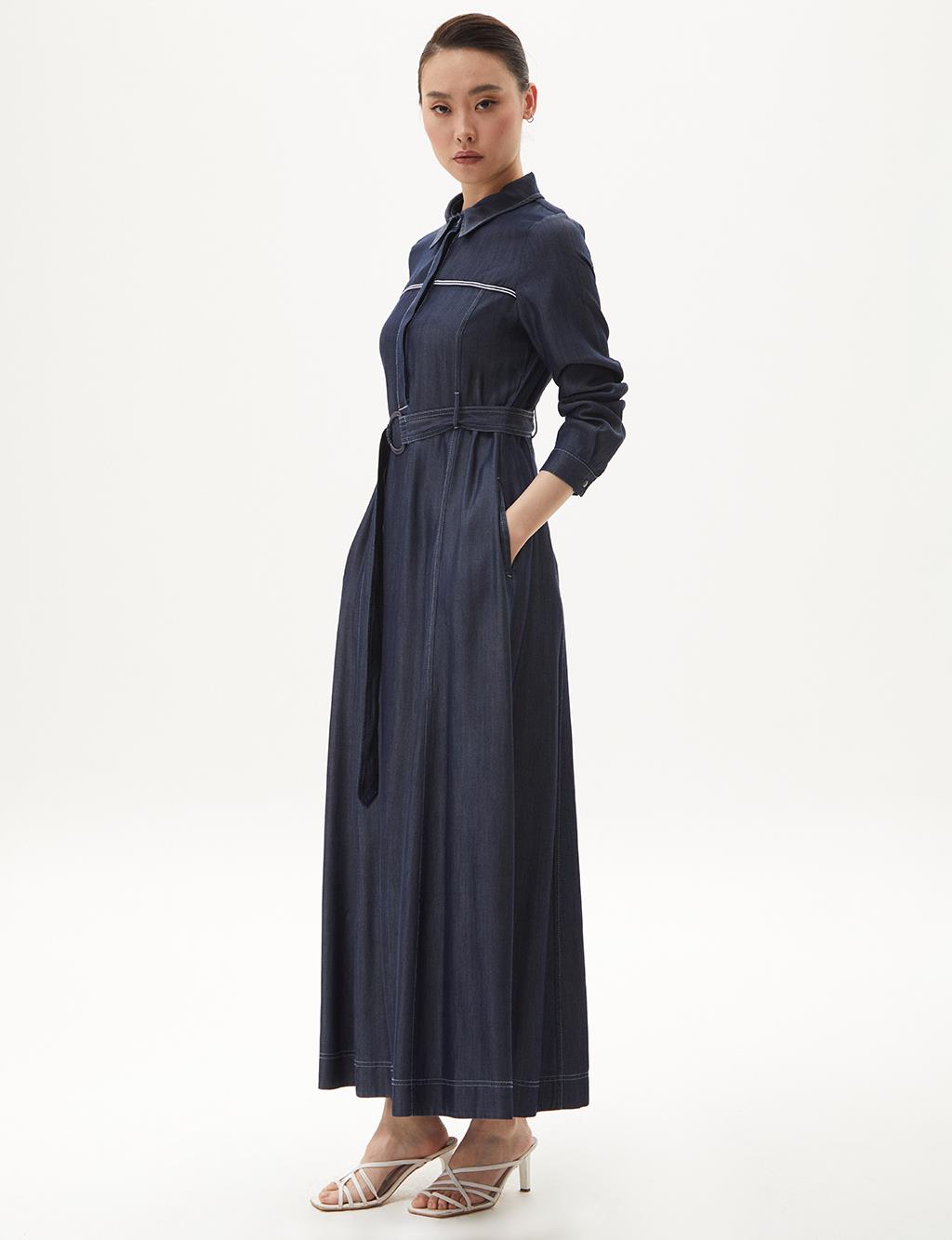 Shirt Collar Lyocell Dress Navy Blue