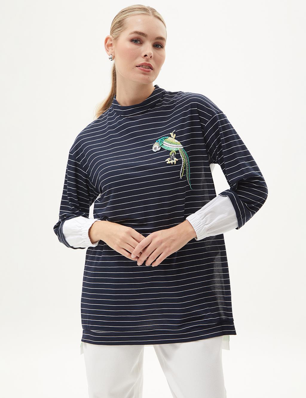 Striped Poplin Tunic Navy Blue