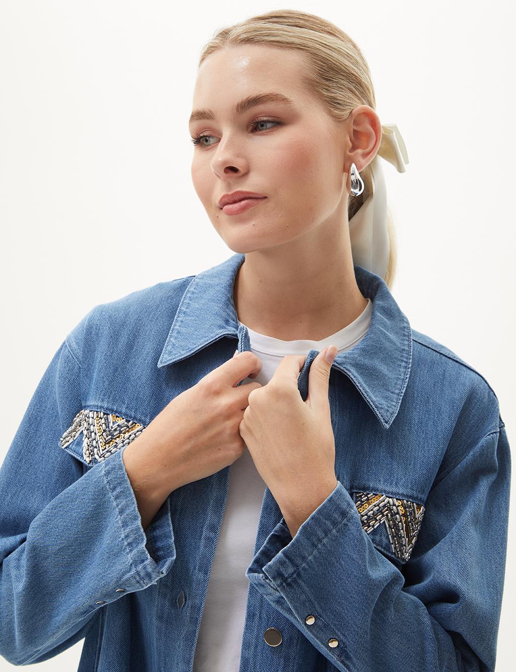 Stone Embroidered Denim Jacket Blue