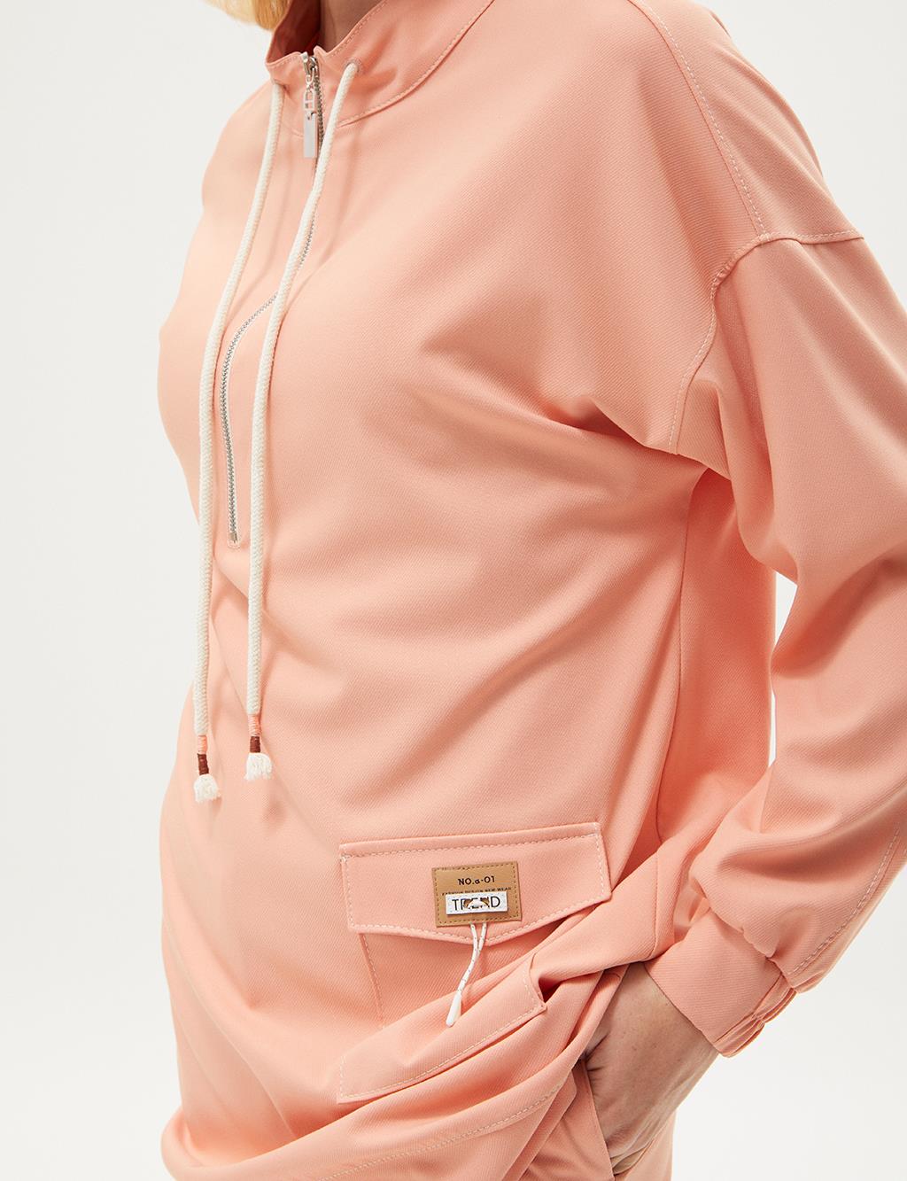 Pocket Detailed Half Zipper Double Suit Peach