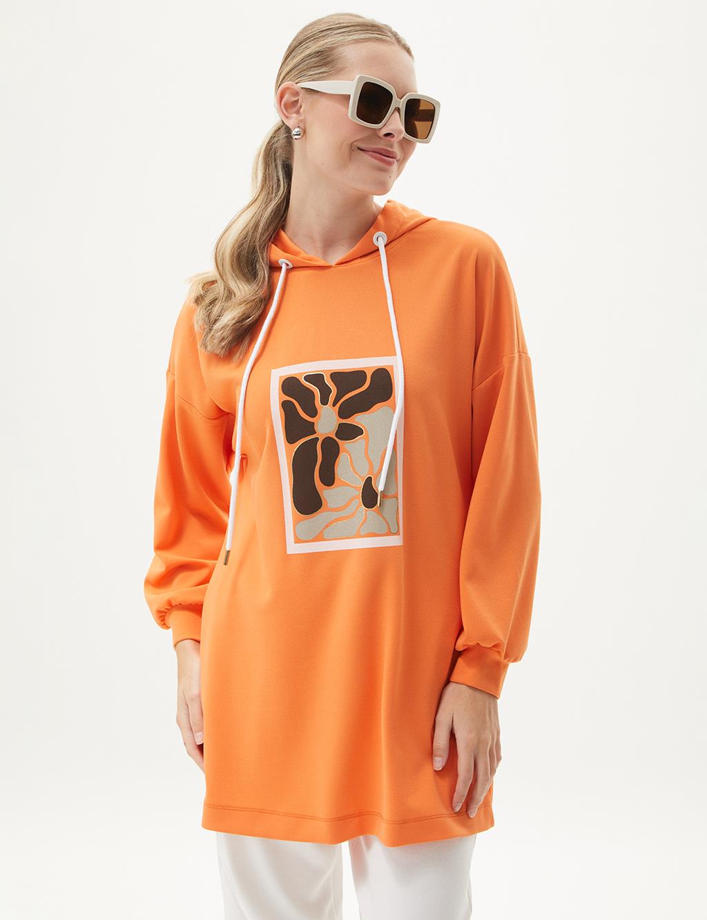 Hooded Detailed Embroidered Sweatshirt Orange