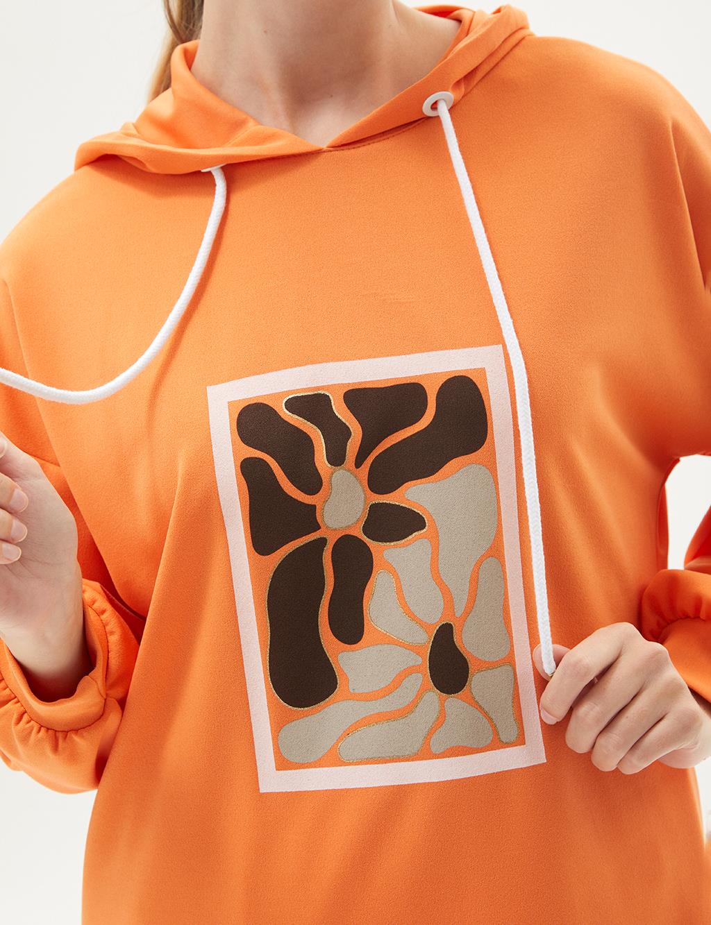 Hooded Detailed Embroidered Sweatshirt Orange