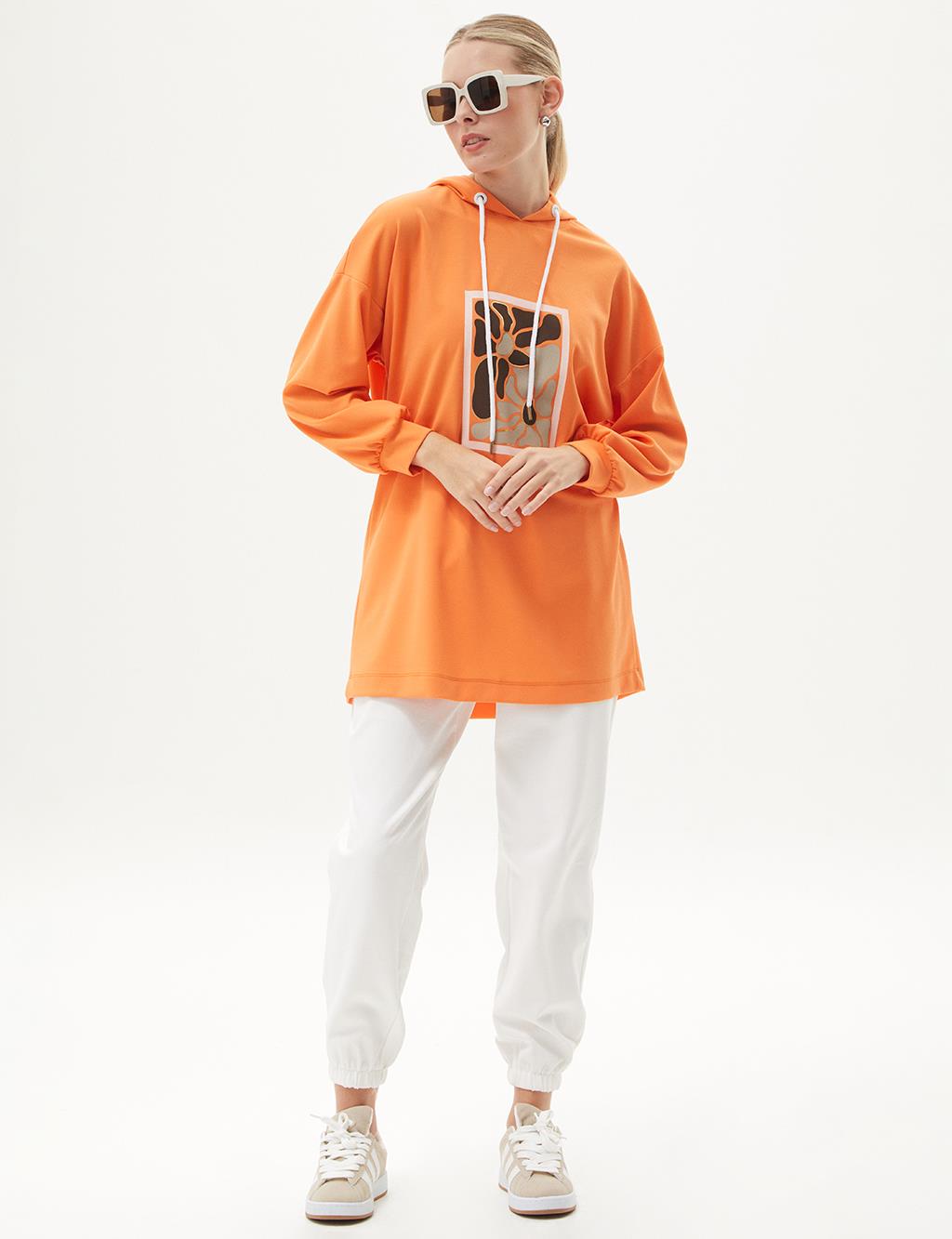 Hooded Detailed Embroidered Sweatshirt Orange