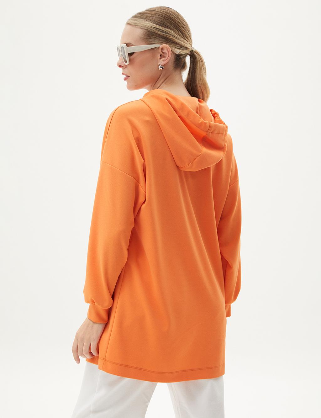 Hooded Detailed Embroidered Sweatshirt Orange