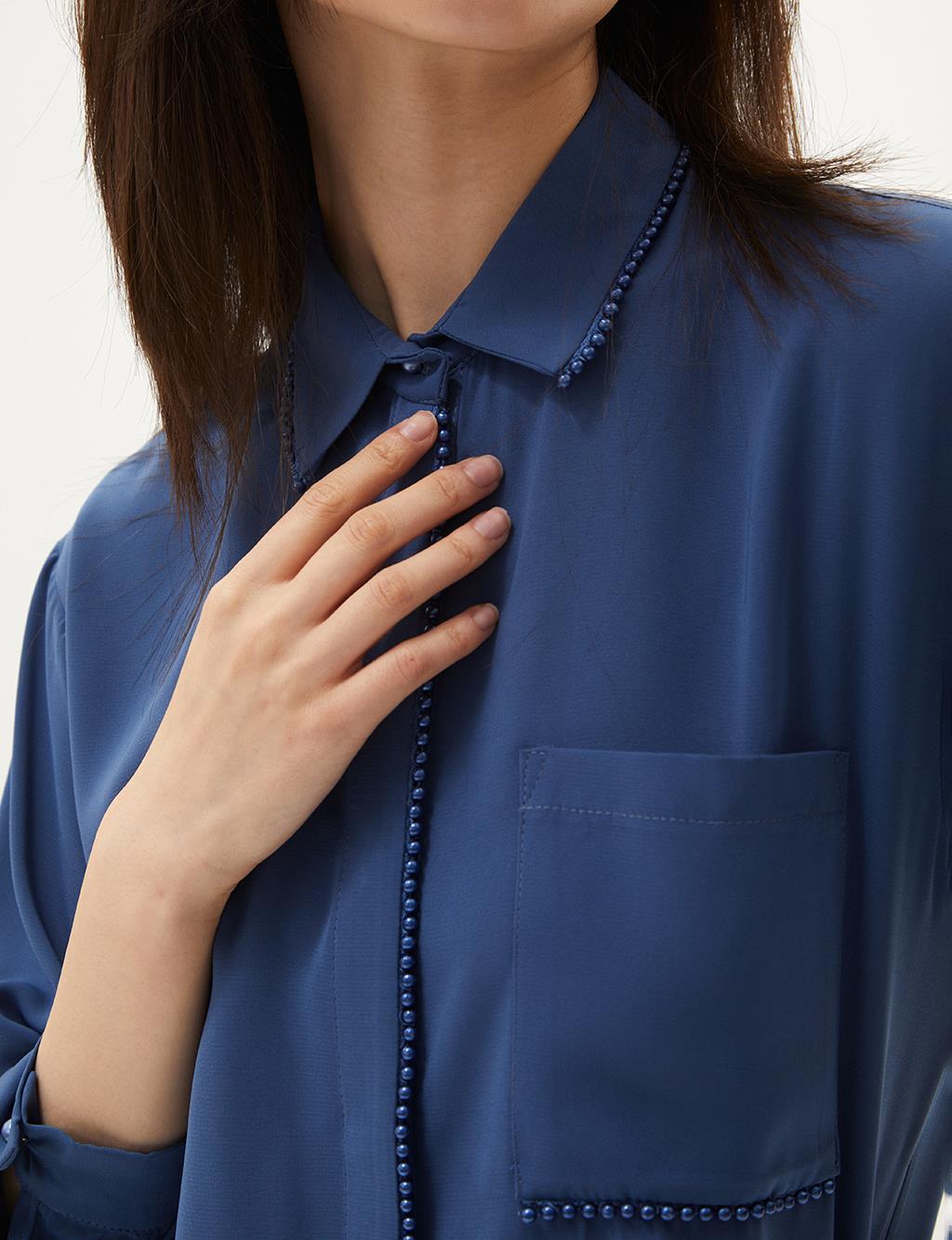 Pearl Detailed Shirt Collar Tunic Blue