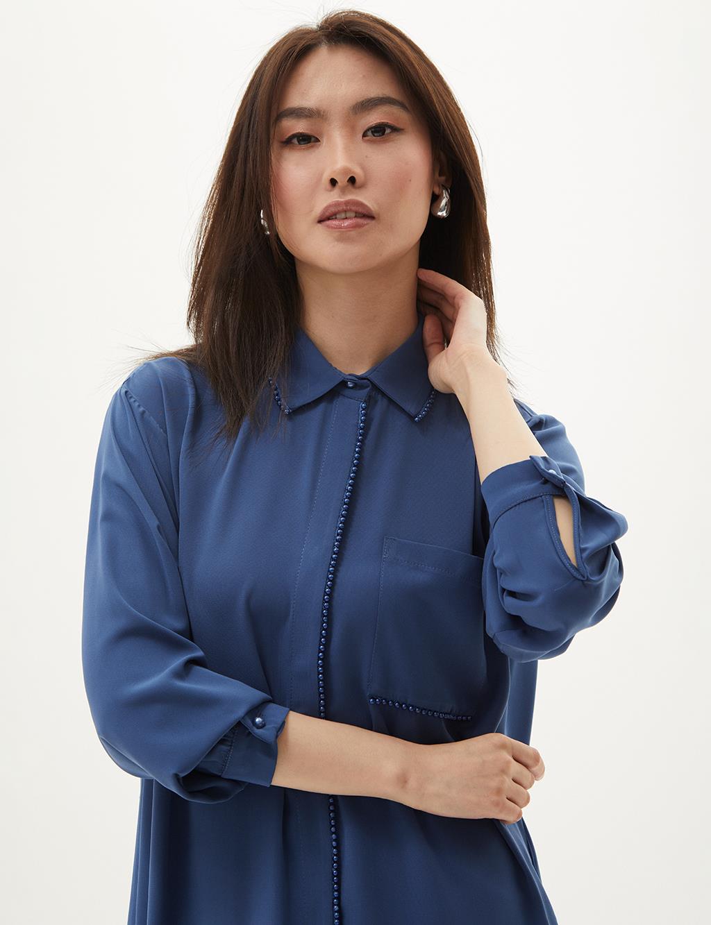 Pearl Detailed Shirt Collar Tunic Blue