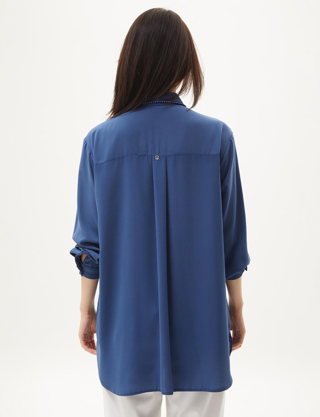 Pearl Detailed Shirt Collar Tunic Blue