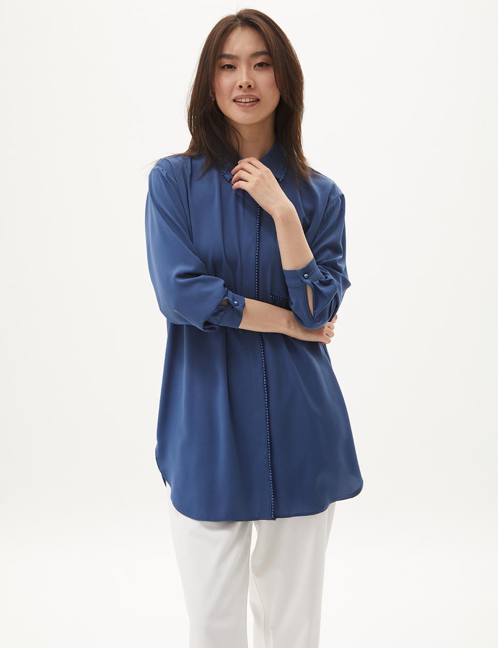 Pearl Detailed Shirt Collar Tunic Blue
