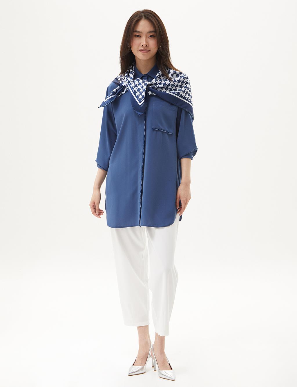 Pearl Detailed Shirt Collar Tunic Blue