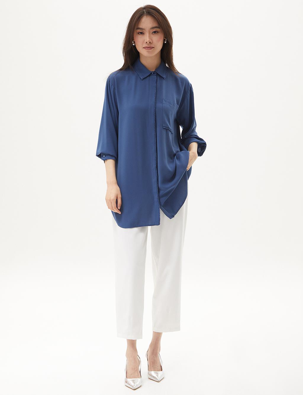 Pearl Detailed Shirt Collar Tunic Blue