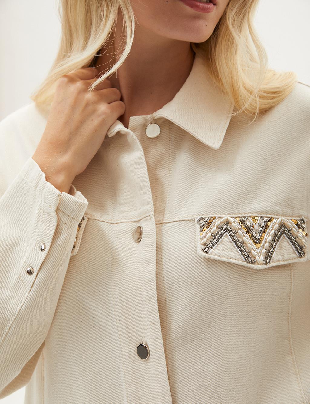 Stone Embellished Denim Jacket Cream