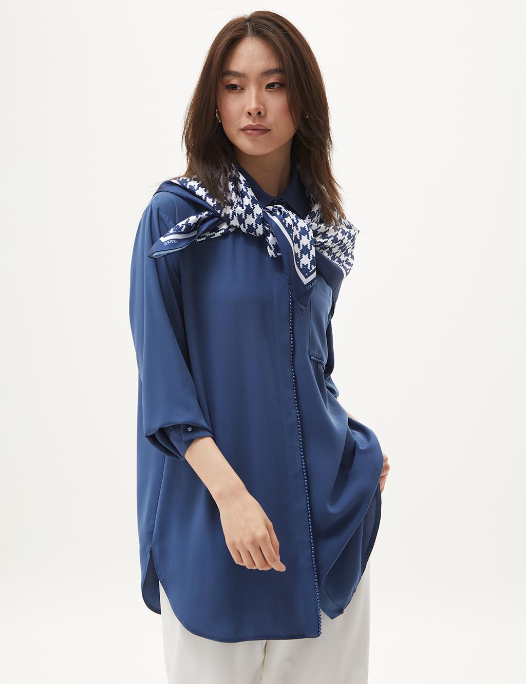 Pearl Detailed Shirt Collar Tunic Blue