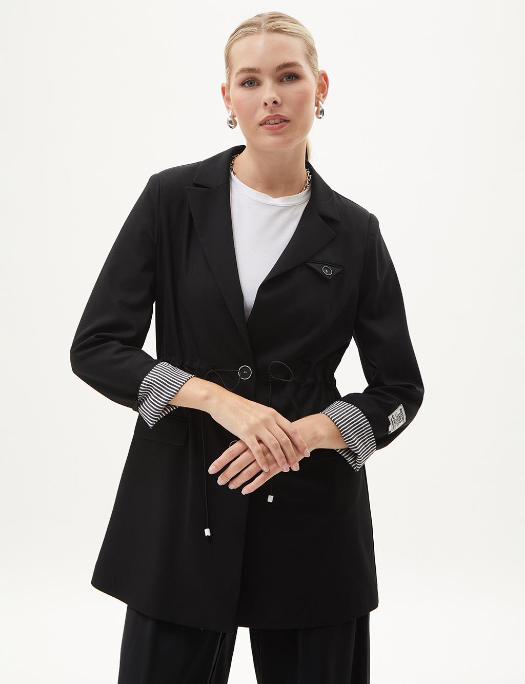 Buttoned Waist Gathered Jacket Black