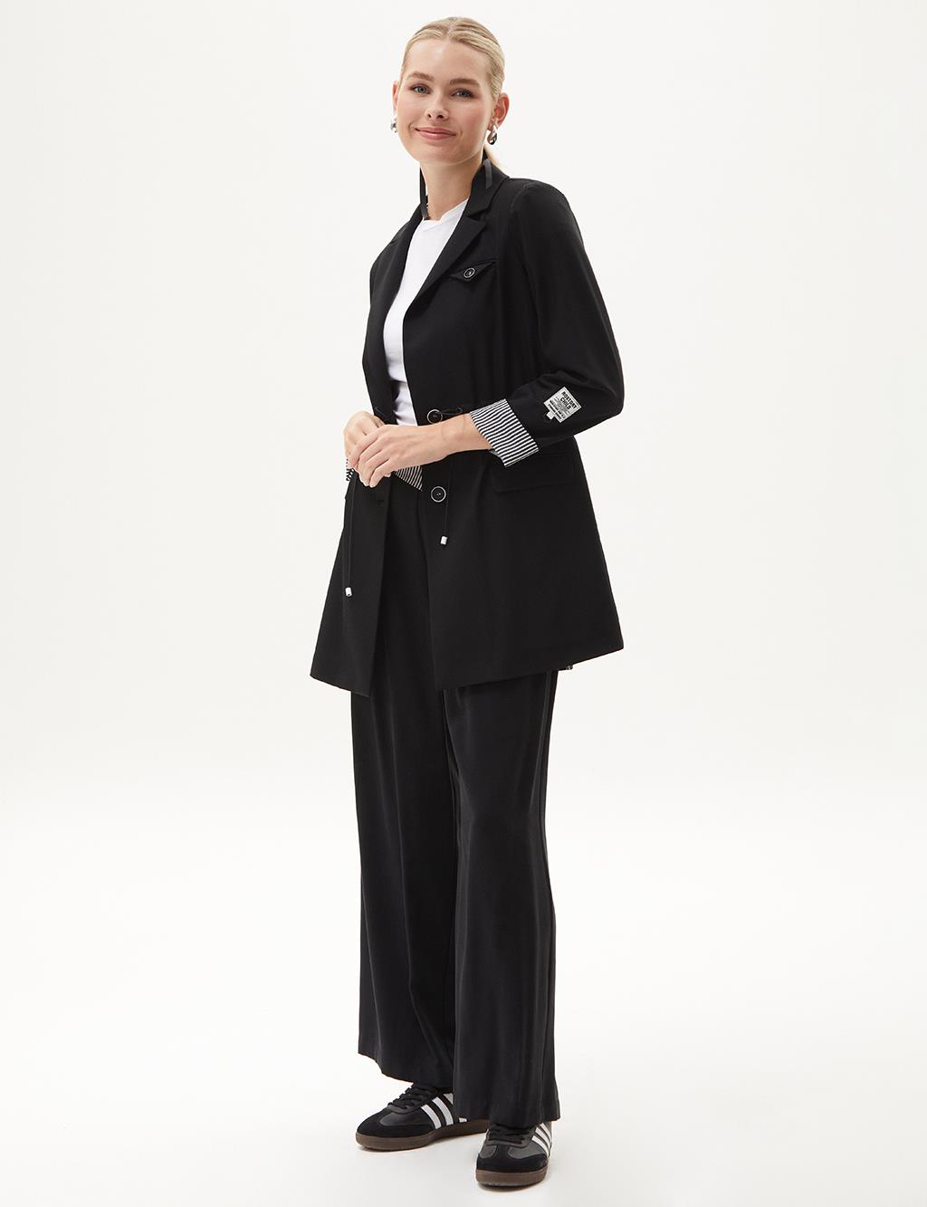 Buttoned Waist Gathered Jacket Black