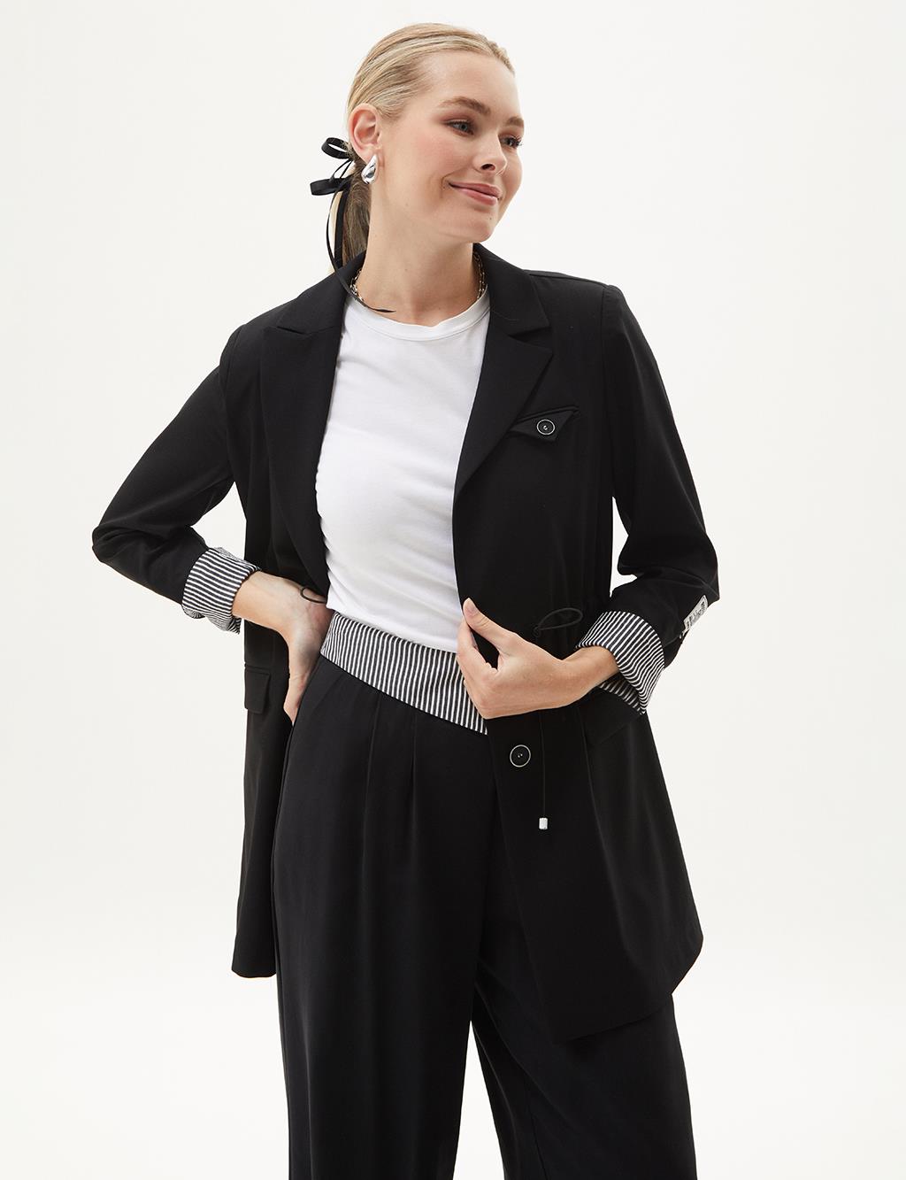 Buttoned Waist Gathered Jacket Black