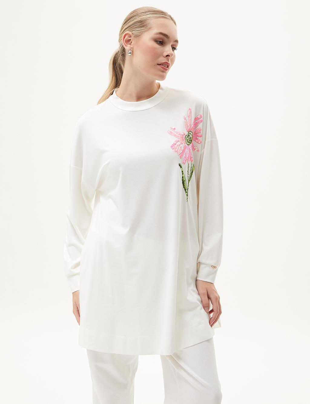 Sequin Embroidered Rayon Sweatshirt Optical White