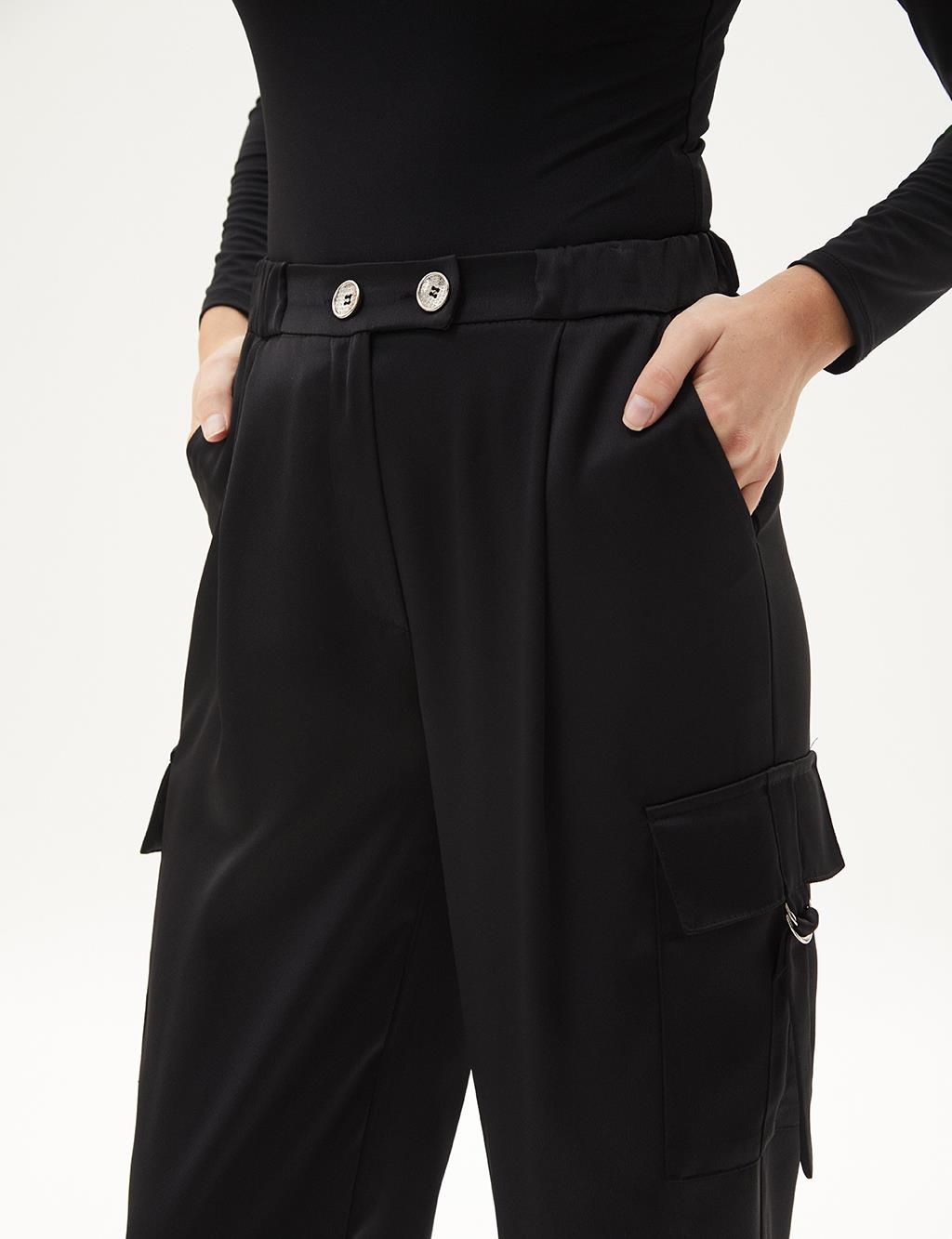 Elasticized Button Detailed Satin Trousers Black