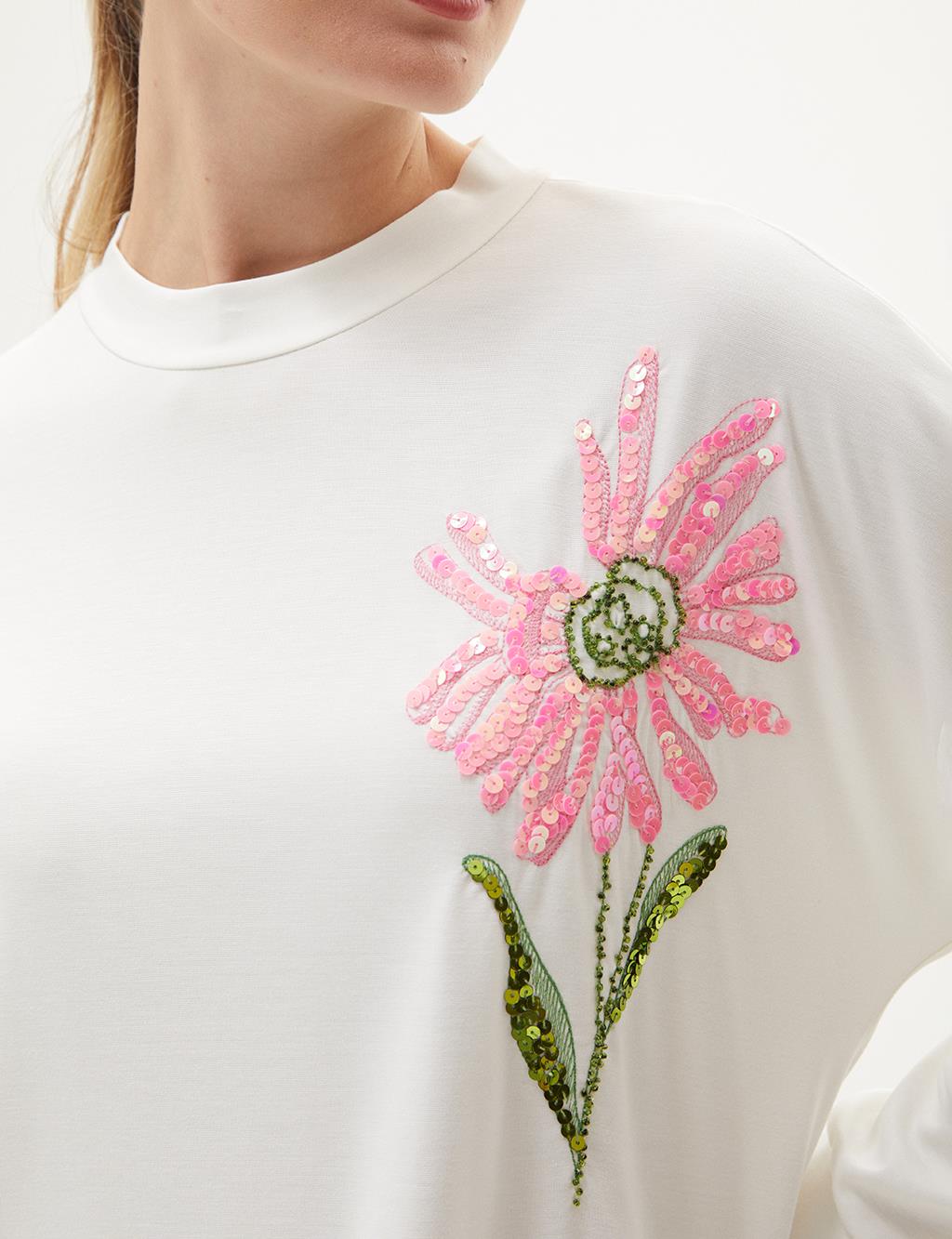 Sequin Embroidered Rayon Sweatshirt Optical White