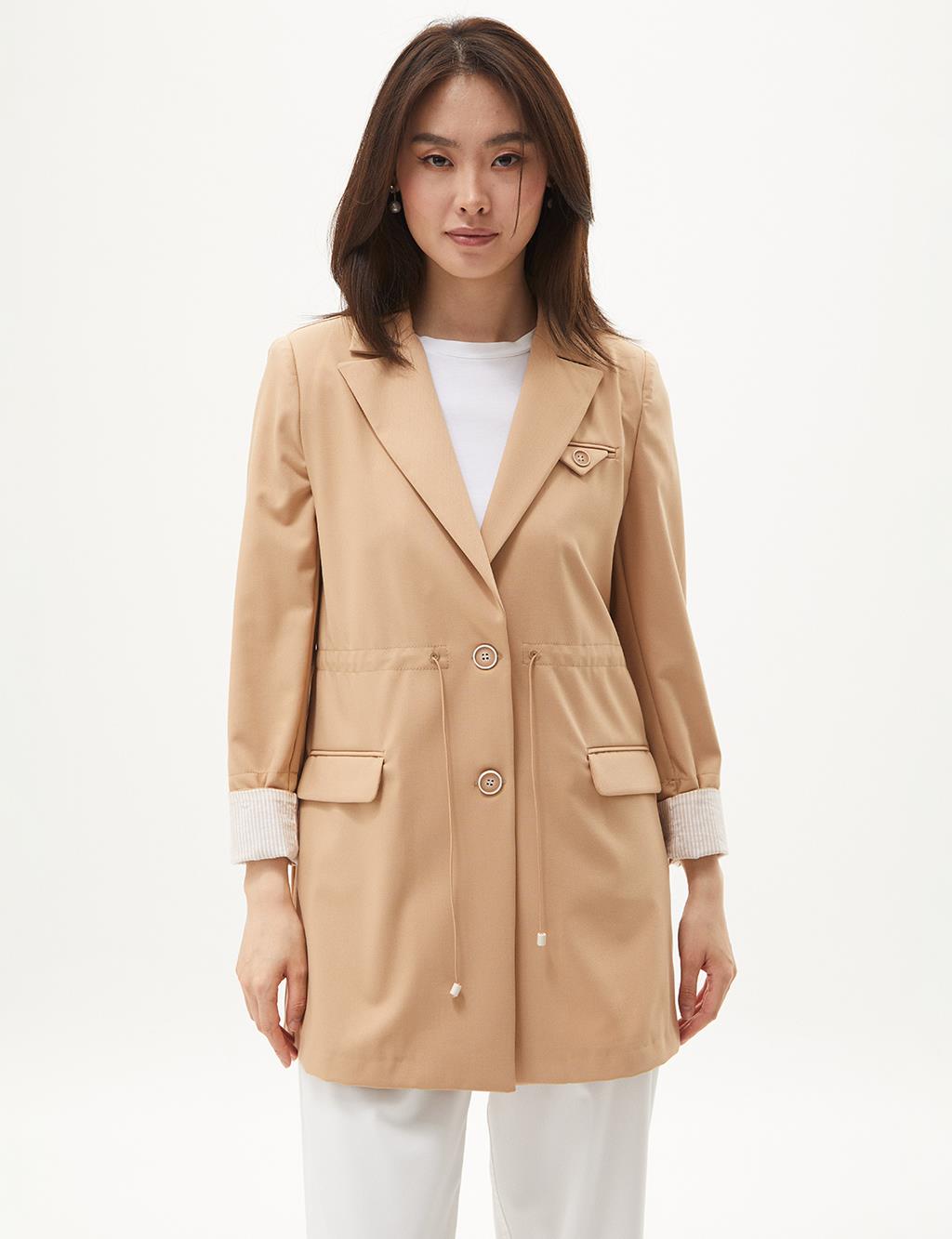 Buttoned Waist Gathered Jacket Beige