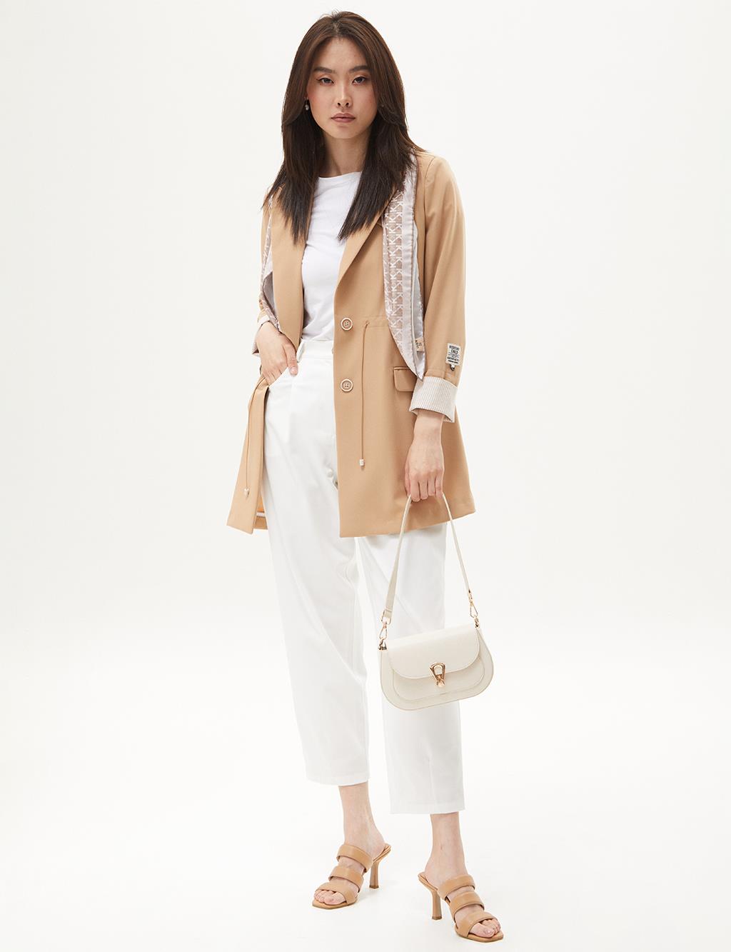 Buttoned Waist Gathered Jacket Beige