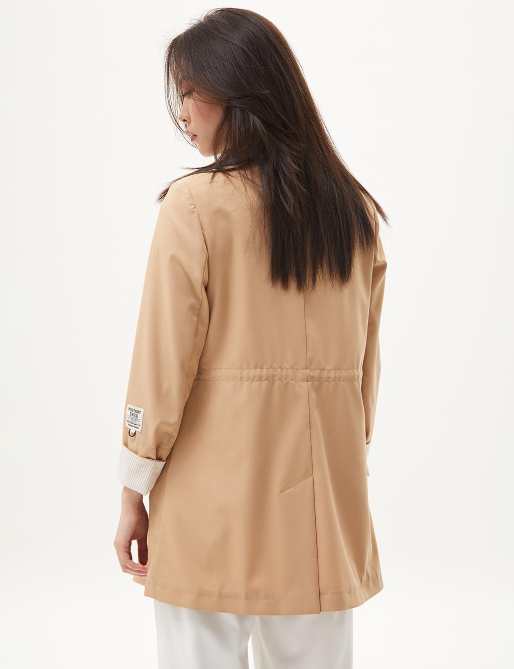 Buttoned Waist Gathered Jacket Beige