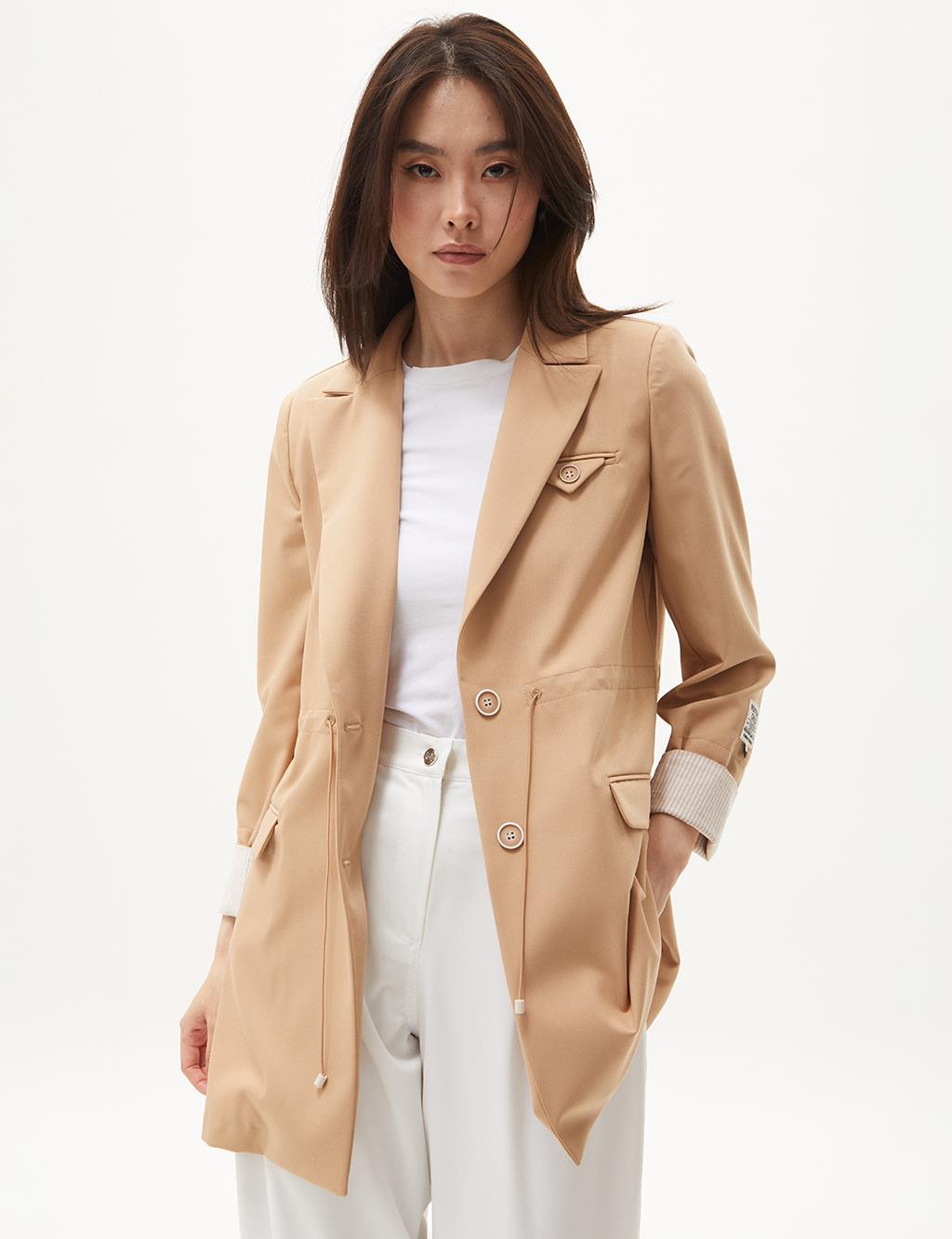 Buttoned Waist Gathered Jacket Beige