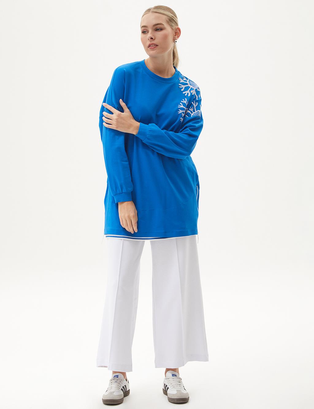 Ribbed Half Zipper Closure Sweatshirt Cobalt Blue