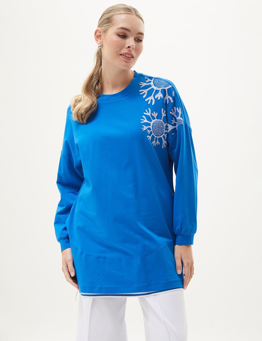 Ribanalı Yarım Fermuar Kapamalı Sweatshirt Kobalt Mavi