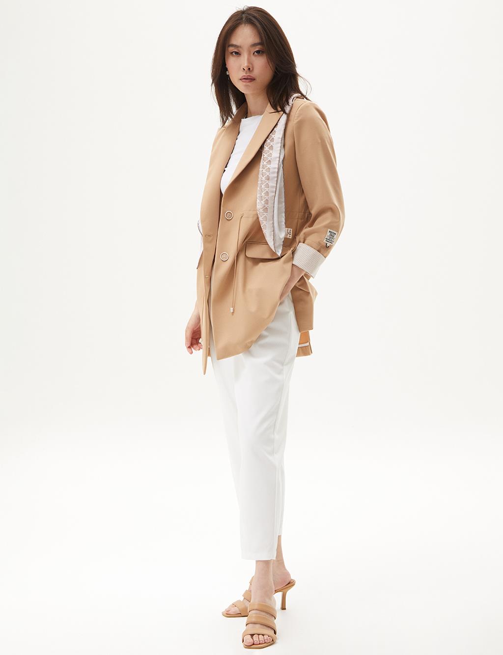 Buttoned Waist Gathered Jacket Beige