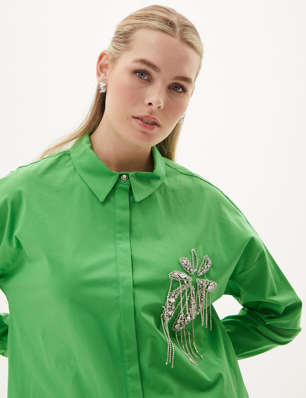 Embroidered Detailed Poplin Tunic Clover Green