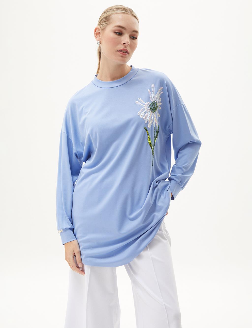 Pul Payetli Rayon Sweatshirt Havacı Mavi 