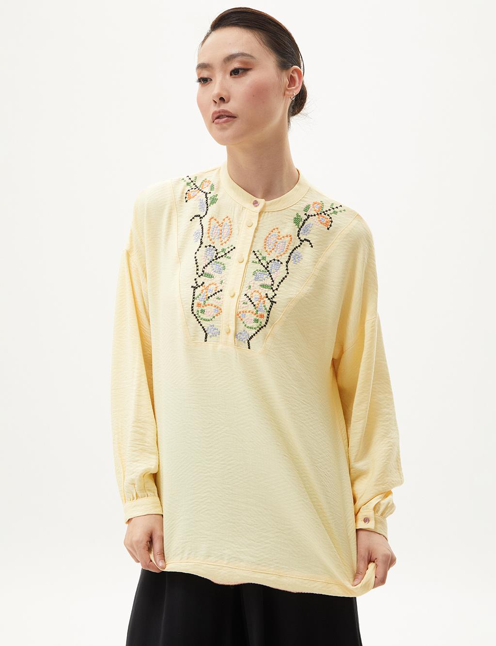 Embroidered Half Placket Blouse Yellow