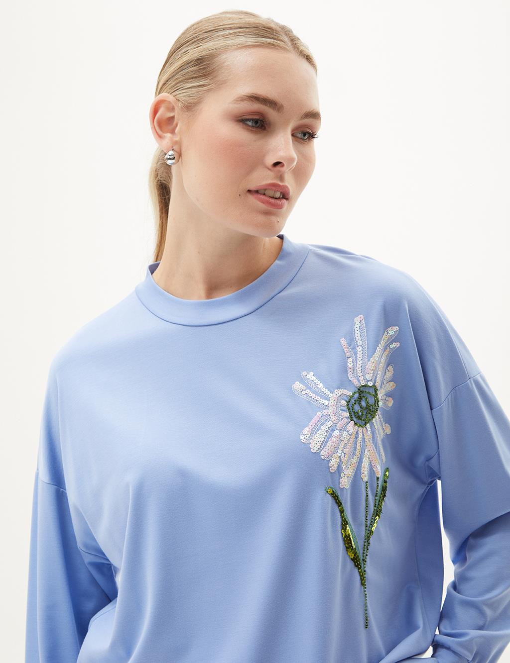 Sequin Embellished Rayon Sweatshirt Aviator Blue