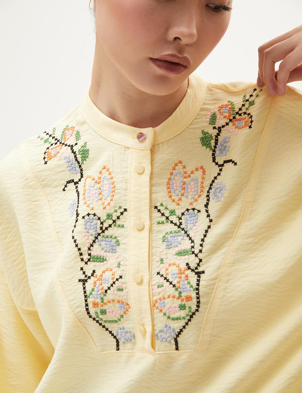 Embroidered Half Placket Blouse Yellow