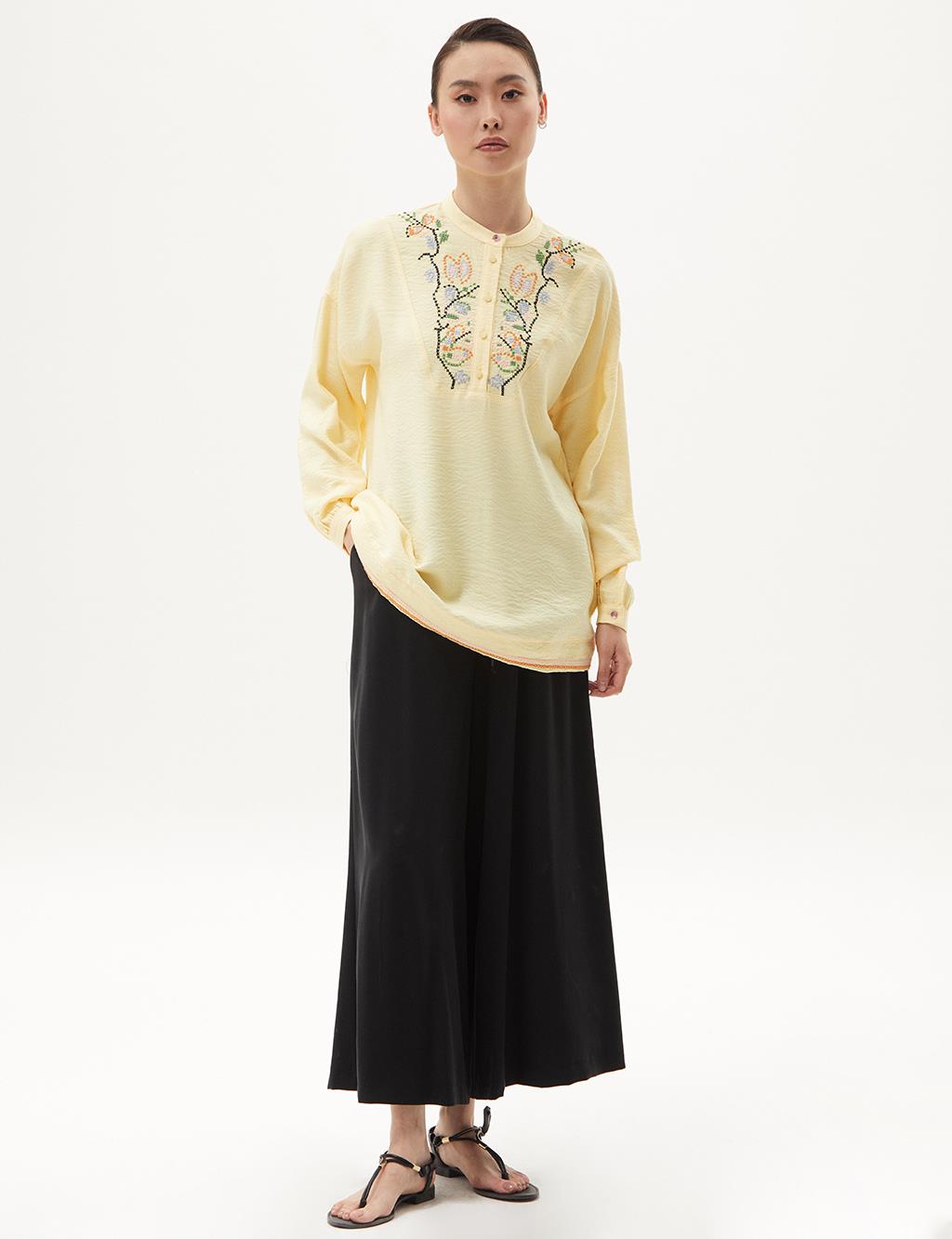 Embroidered Half Placket Blouse Yellow