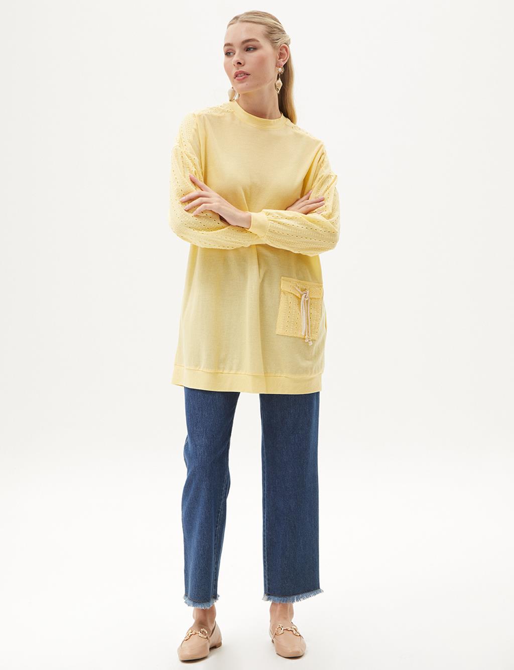 Embroidery Mixed Crew Neck Tunic Yellow