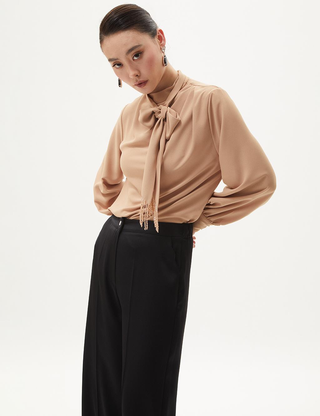 Stoned Shawl Collar Blouse Beige