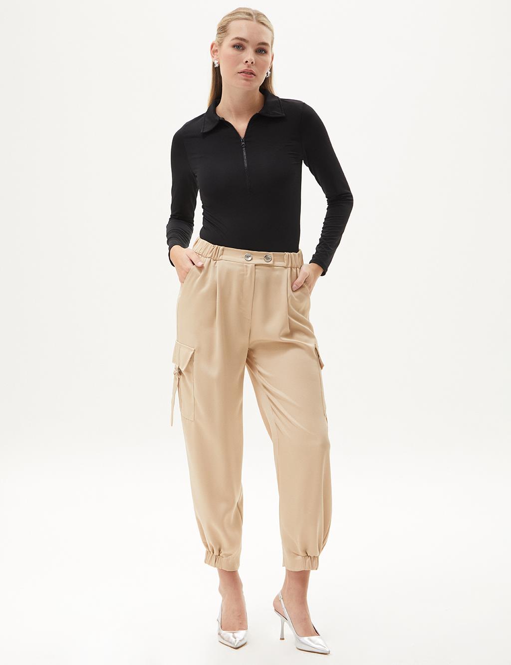 Elastic Cuffed Button Detail Satin Pants Beige