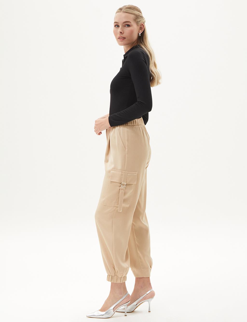 Elastic Cuffed Button Detail Satin Pants Beige