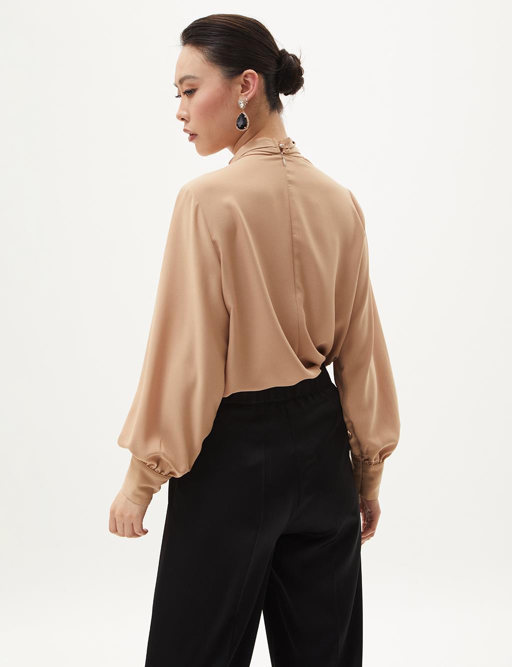 Stoned Shawl Collar Blouse Beige