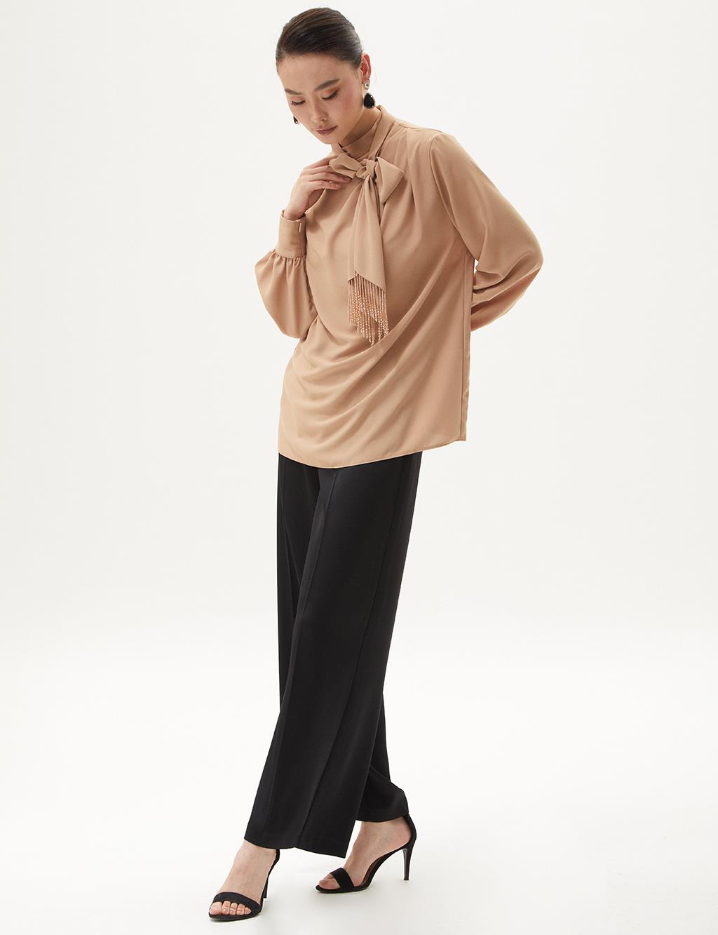 Stoned Shawl Collar Blouse Beige