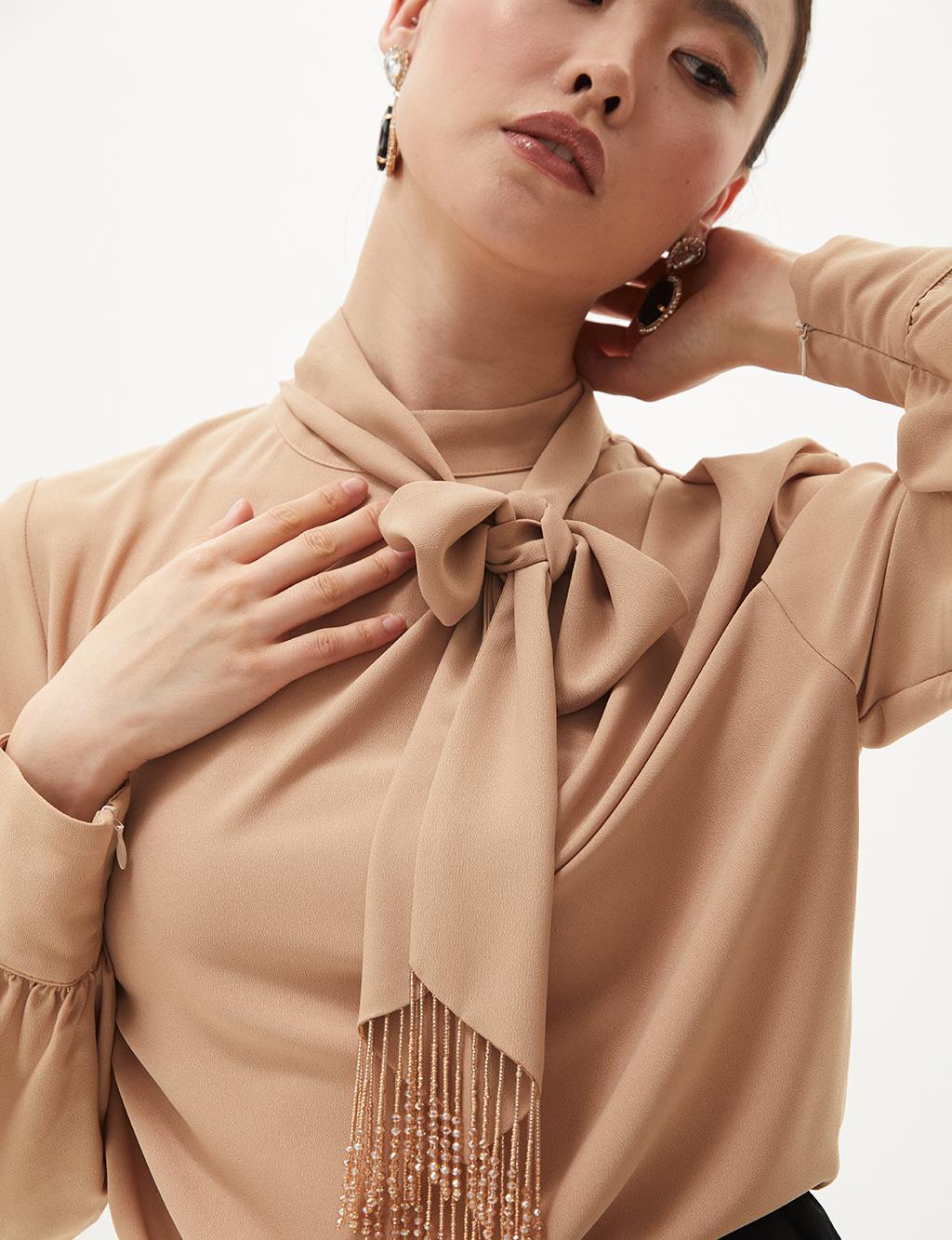 Stoned Shawl Collar Blouse Beige