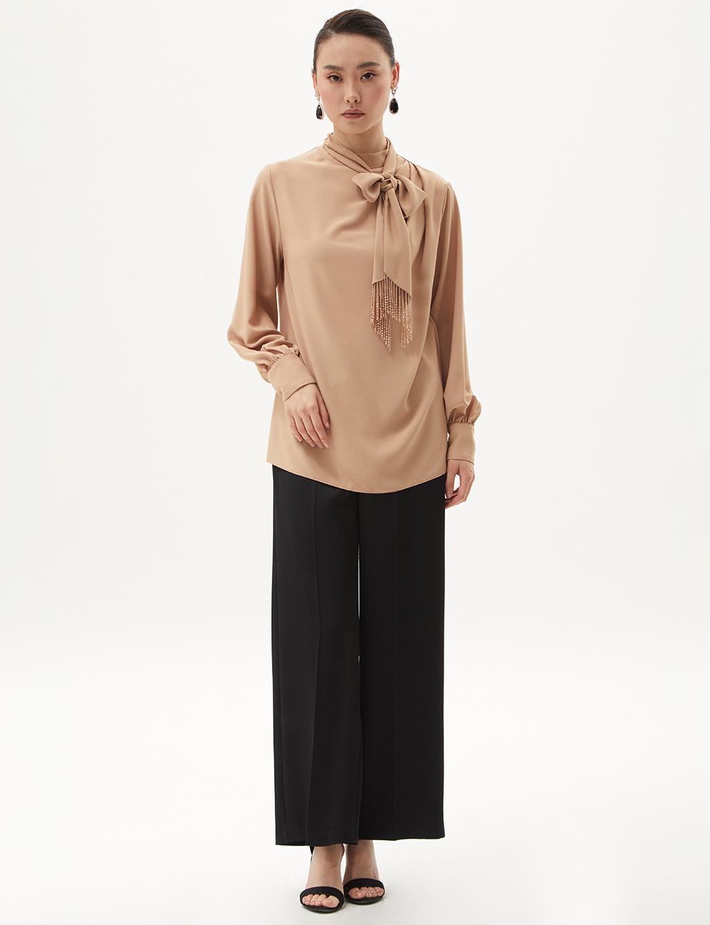 Stoned Shawl Collar Blouse Beige