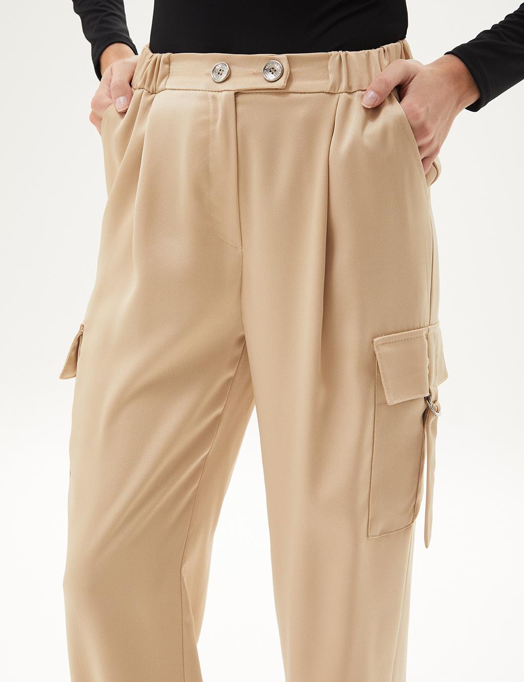 Elastic Leg Button Detailed Satin Trousers Beige