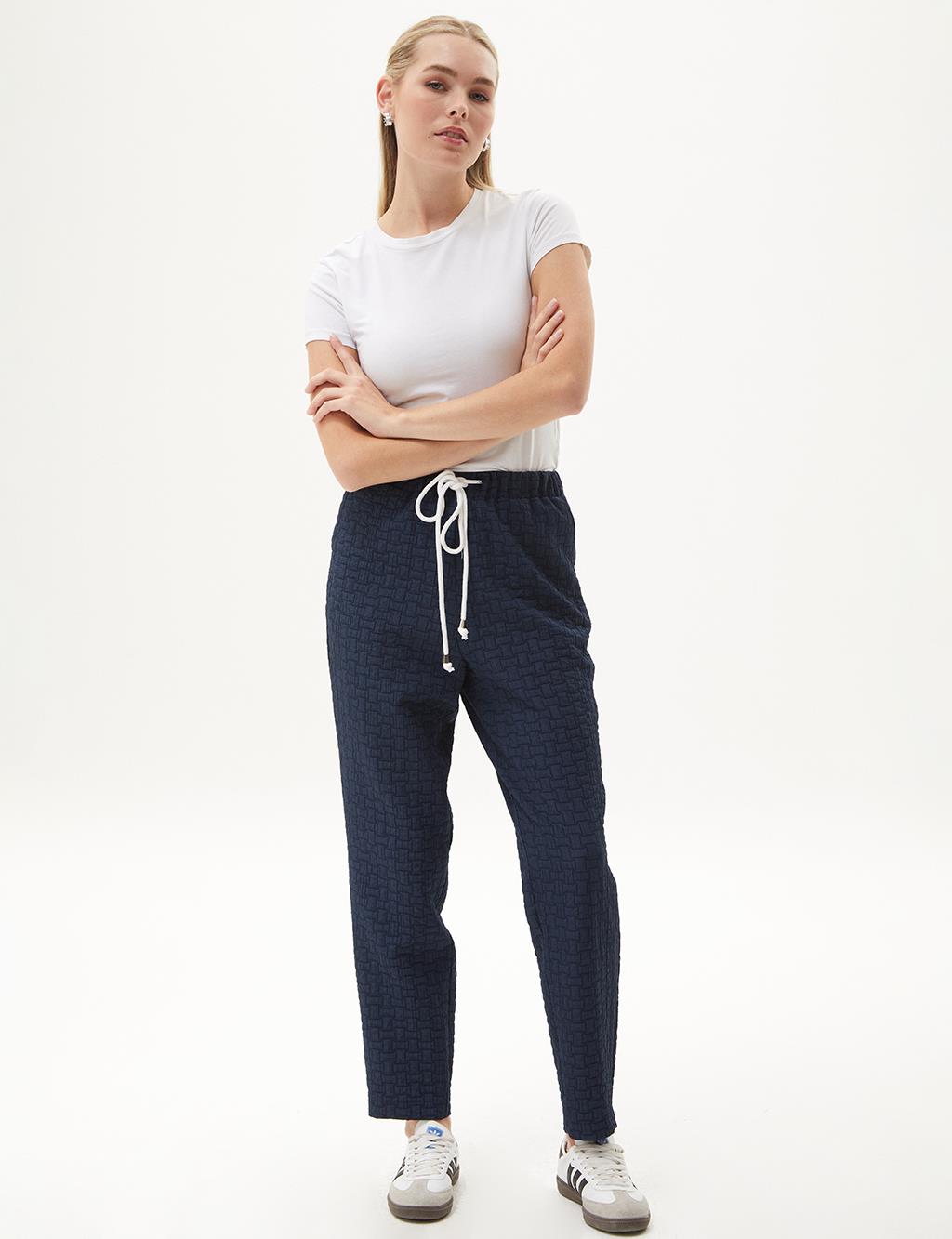 Elastic Waist Textured Trousers Navy Blue