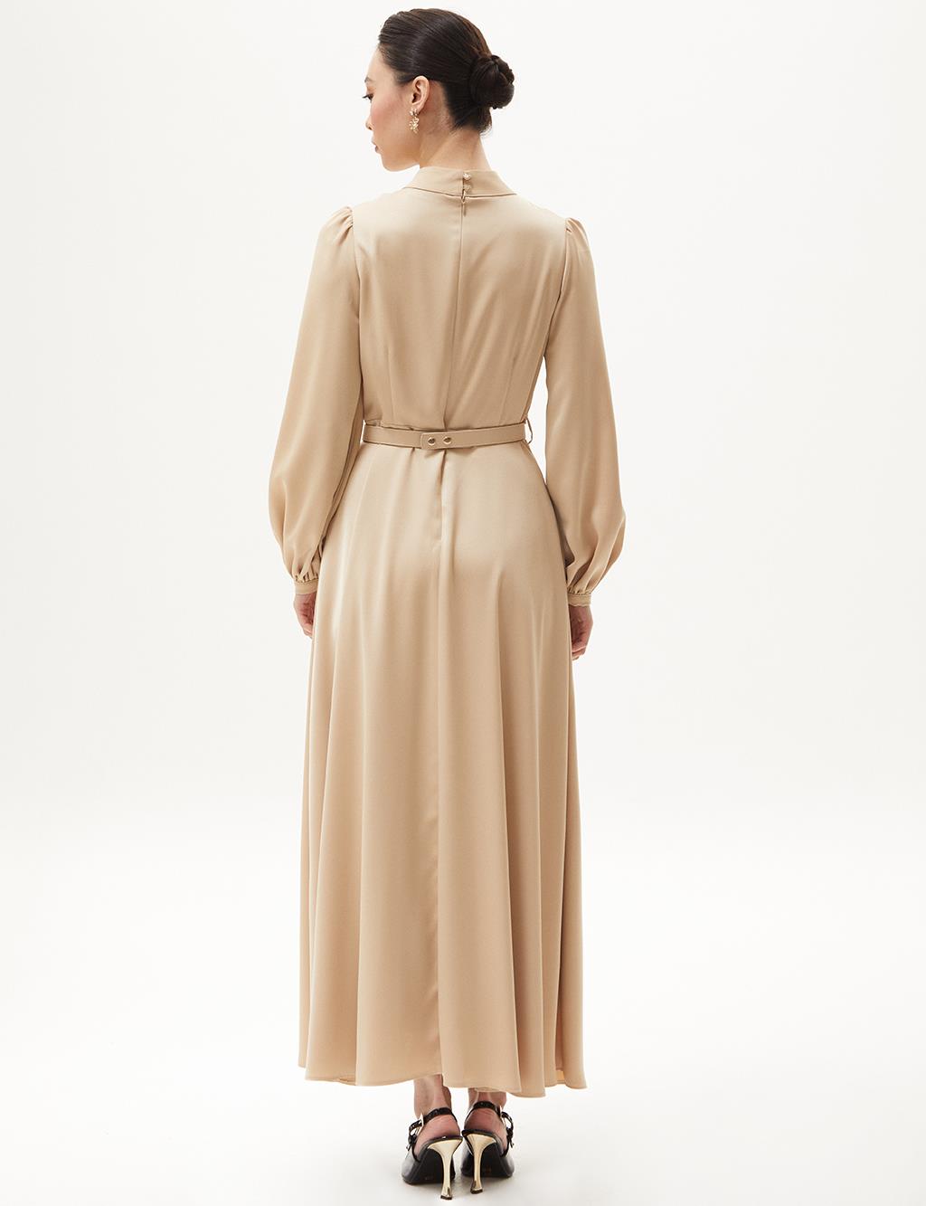 Belt Detailed Stylish Dress Beige