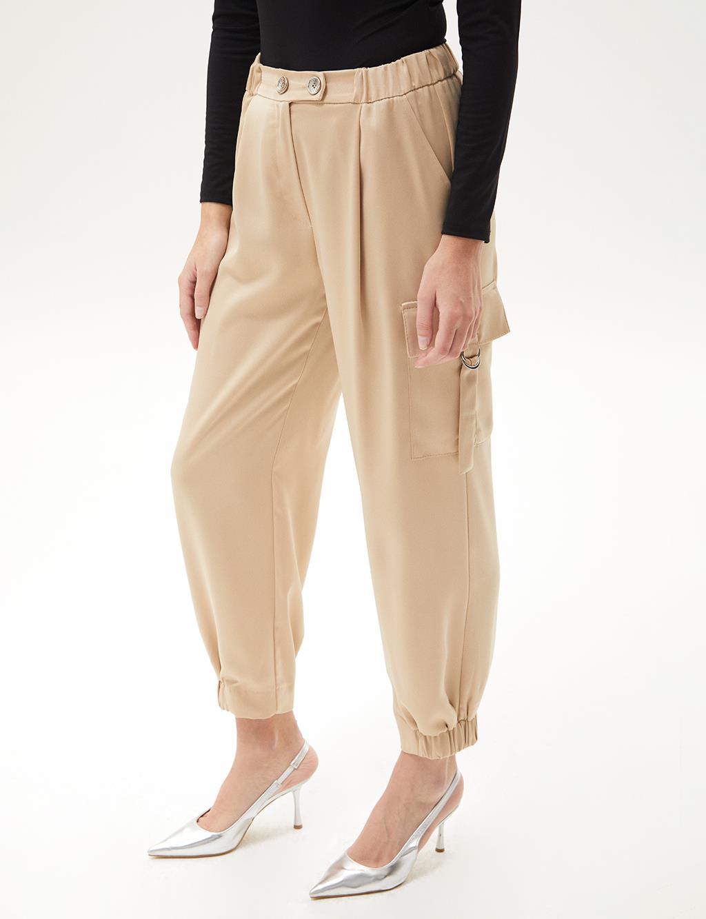 Elastic Cuffed Button Detail Satin Pants Beige