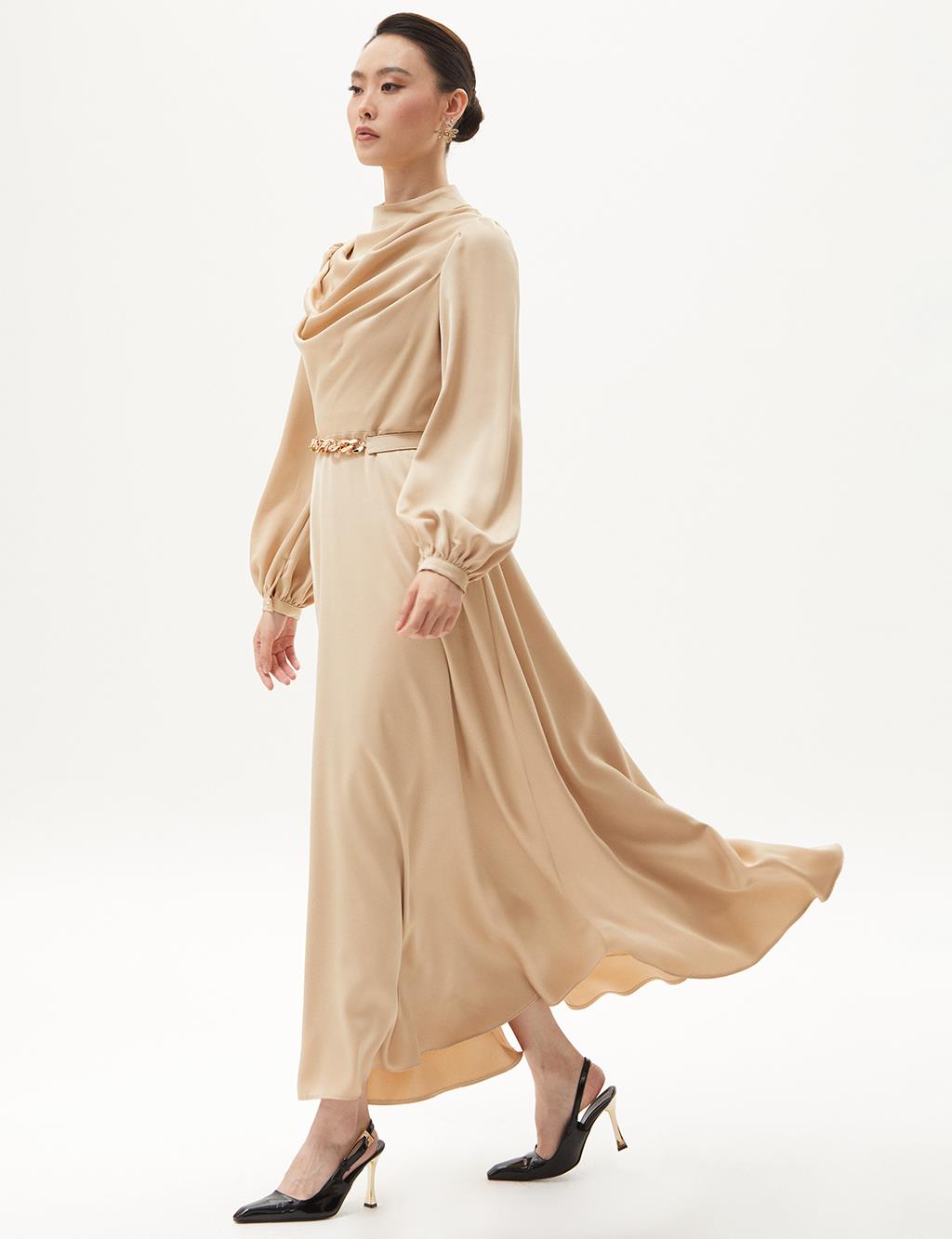 Belt Detailed Stylish Dress Beige