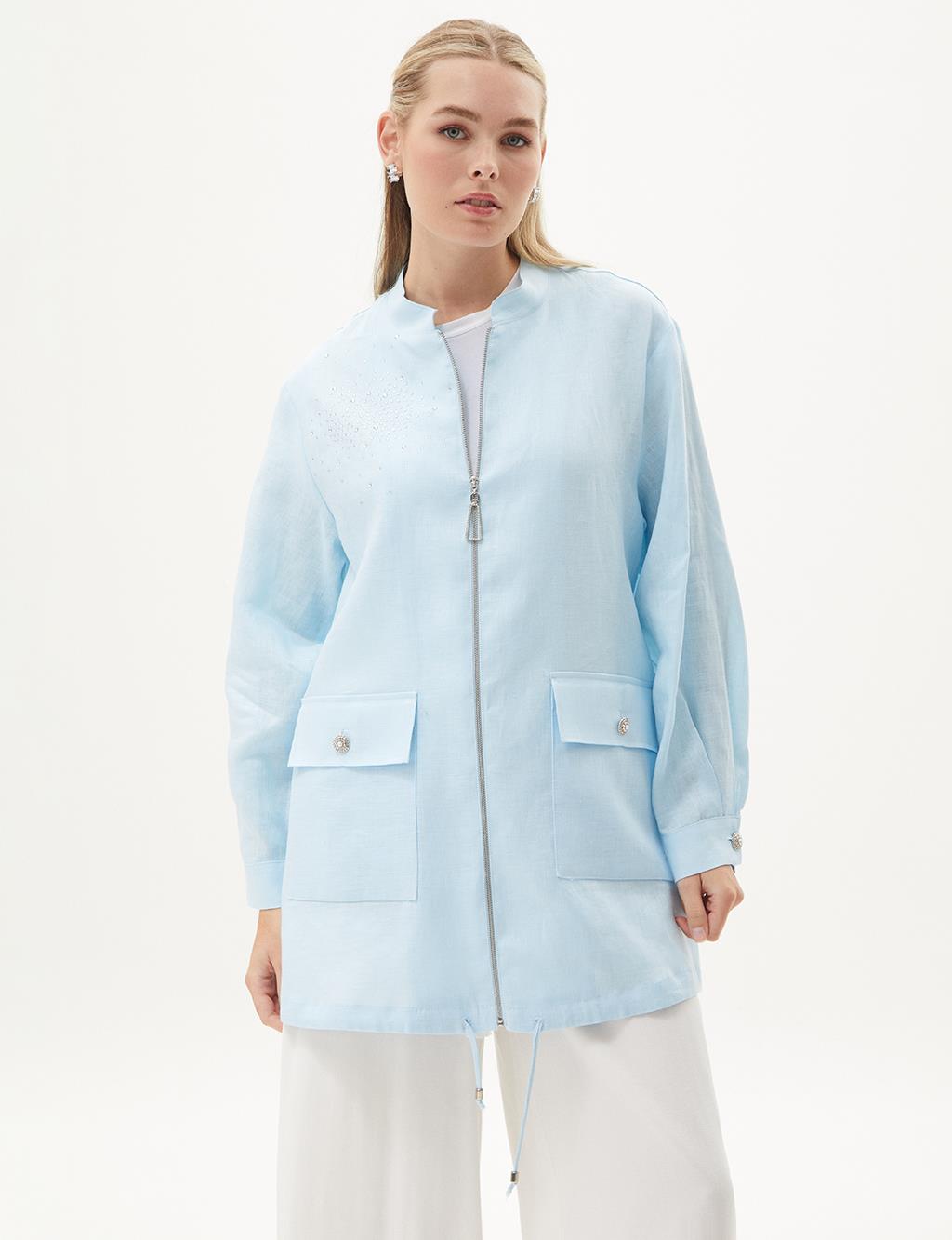 Hotfix Printed Zippered Linen Jacket Blue