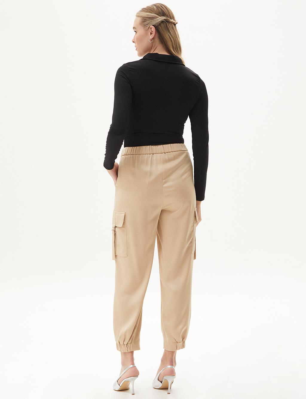 Elastic Leg Button Detailed Satin Trousers Beige